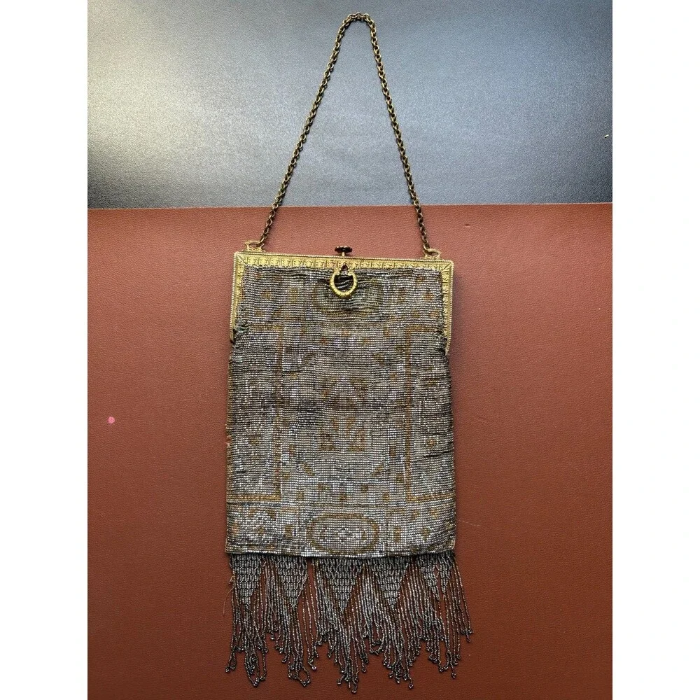 Antique FRENCH Art Deco Gold Silver Handmade Steel Beaded Fringe Flapper Purse